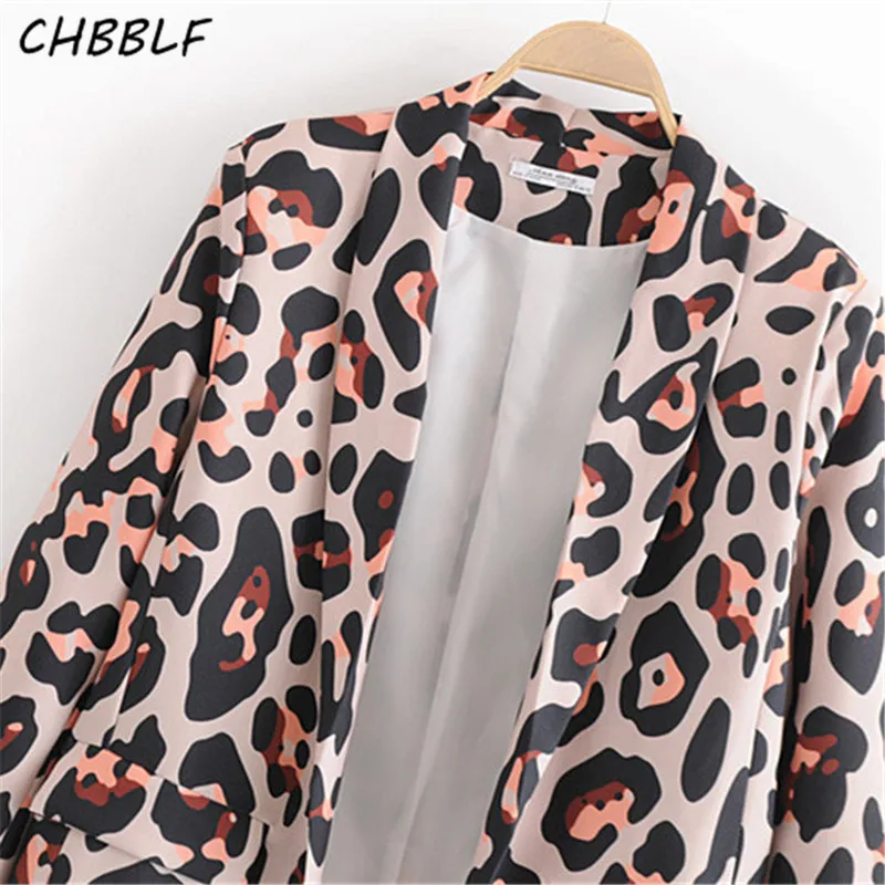 CHBBLF женщин chic leopard блейзер с рисунком Длинные рукава карман куртка с открытым воротом винтажные женские Верхняя одежда Топы DFT27260