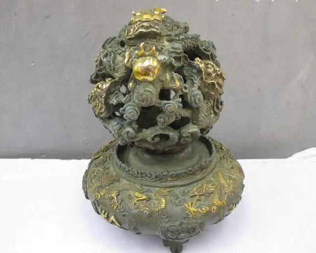 

Chinese Folk Feng Shui Copper Bronze Gild Sphere Ball Nine Dragon Lucky Statue