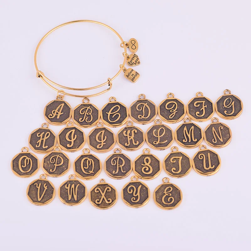 Расширяемый Браслет, древнее золото, A-Z, начальная буква, американская мода, очаровательный браслет с алфавитом, Регулируемый Браслет-манжета