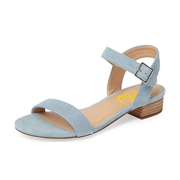 Summer Light Blue Casual Stacked Block Low Heels Ladies Sandals Ankle