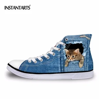 

INSTANTARTS High Top Men's Vulcanized Shoes Fashion Blue Denim 3D Animal Cat Print Male Lace Up Men Casual High-top Canvas Shoes