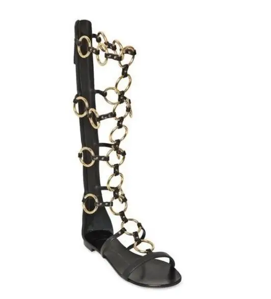

Hot Sexy Casual Black PU Peep Toe Shoes Cover Heel Metal Decoration Women's Shoes Big Size Flat With Women's Sandals