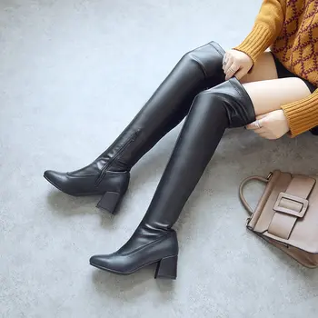 

Over the Knee Boots Women Thick High Heel Boots Fashion Zipper Square Toe Thigh High Boots Warm Winter Shoes White Black 2019