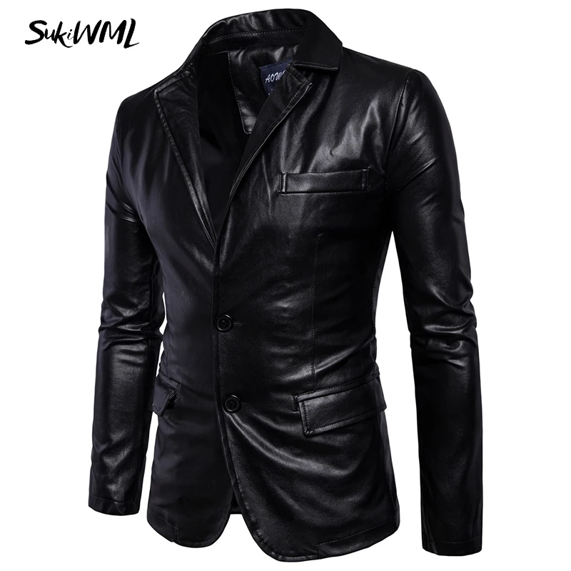 SUKIWML 2017 New Brand Mens Fashion Leather Blazers Men Slim Fit Solid Color Men Blazer Jacket Terno Masculino Plus Size M-5XL 