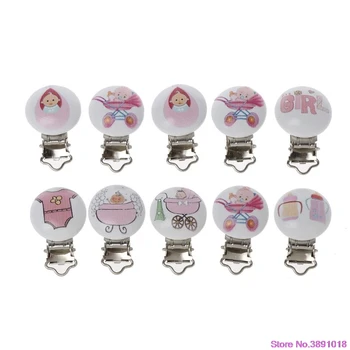 

New 5pcs Metal Wooden Baby Pacifier Clips Mixed Pattern Infant Soother Clasps Holder