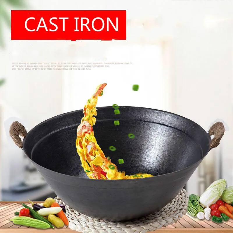 Cast Iron Pot flat Bottom Big Thick Cast Iron cooking Wok fry pan soup  Uncoated Non stick Pot Wok Casserole Stew Pot - AliExpress