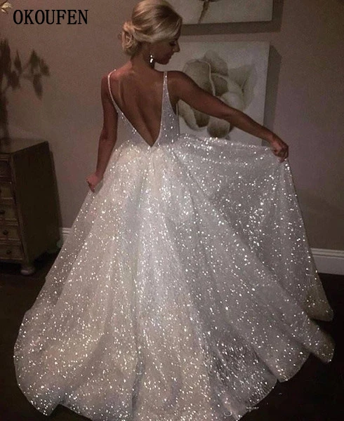 White Sparkle Sequin Evening Dresses Deep V Neck Sexy Low Back Long Prom Dress Cheap Pageant Gowns Special Occasion Wear 副本