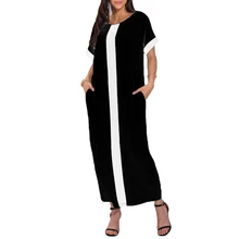 Moda Mulheres Tamanho 5XL Mais Vestido Painel Contraste T-Shirt do Verão vestido O Pescoço Manga Curta Casual Maxi Vestido Longo Solto Vestidos