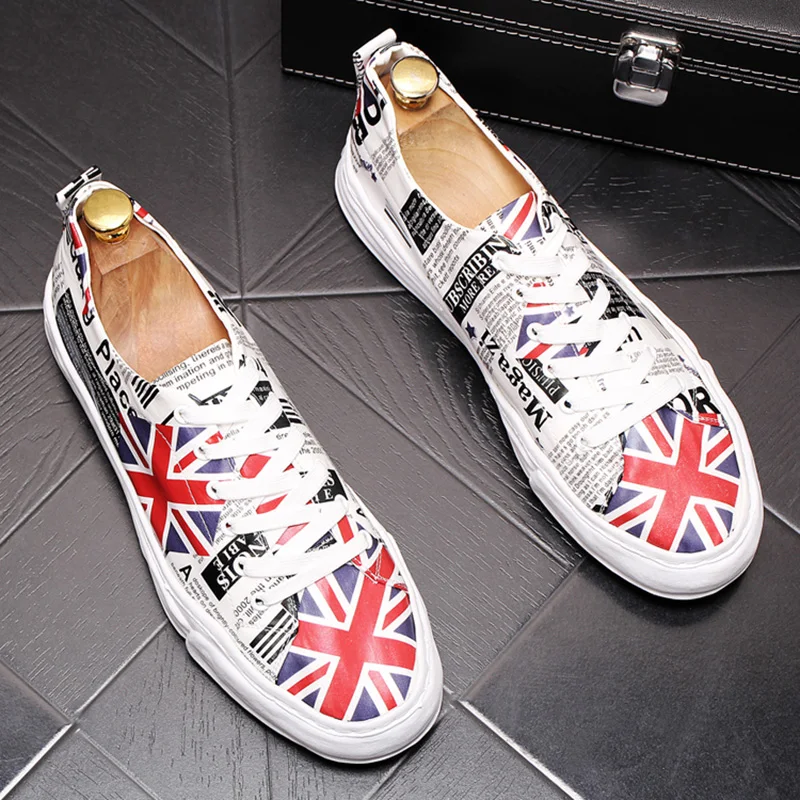 

British design mens casual outdoors street style genuine leather shoes lace-up printing breathable shoe youth flats sneakers man