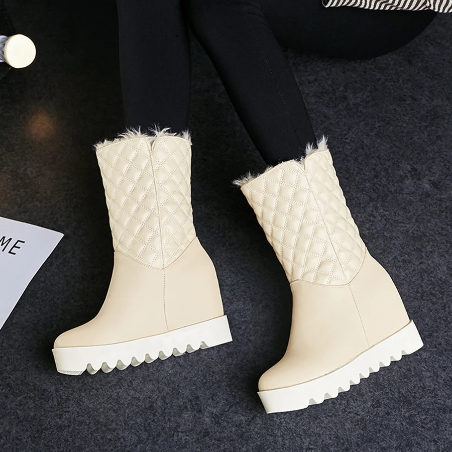 Meotina/зимние ботинки; женская обувь на меху; плюшевые теплые ботинки до середины икры; ботинки на танкетке; обувь на высоком каблуке в клетку; цвет белый