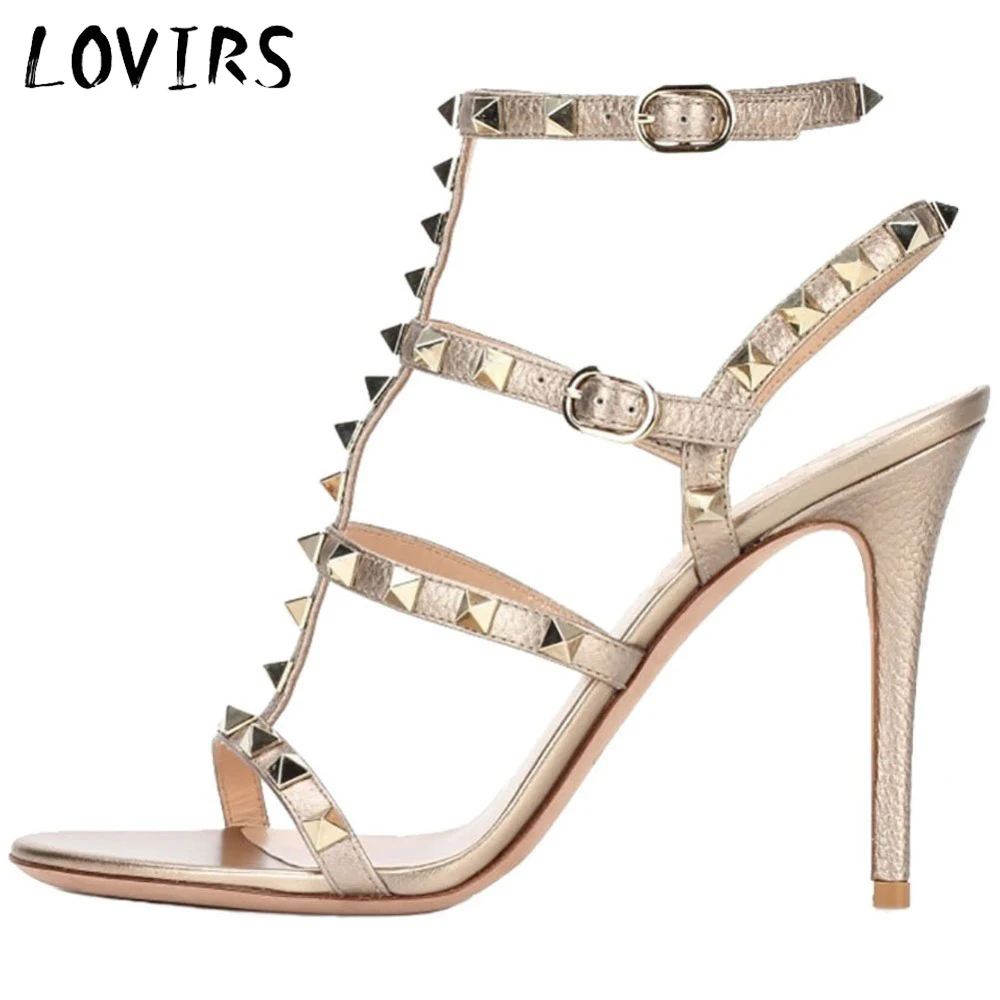 

LOVIRS Women Open Toe High Heel Buckle Ankle Strap Rivets Studded Strappy Sandals Stiletto Shoes for Dress Party Wedding