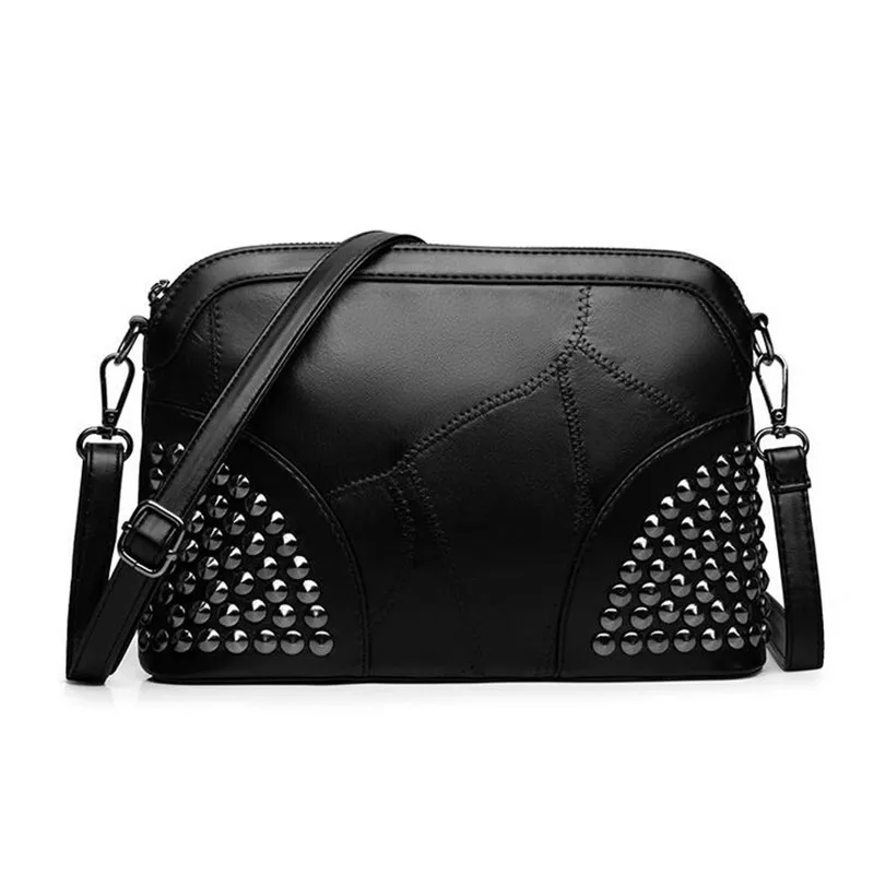 

BARHEE New Leather Women Handbag Patchwork Soft Sheep Leather Retro Shoulder Bag Rivets Shell Small Messenger Bags Black