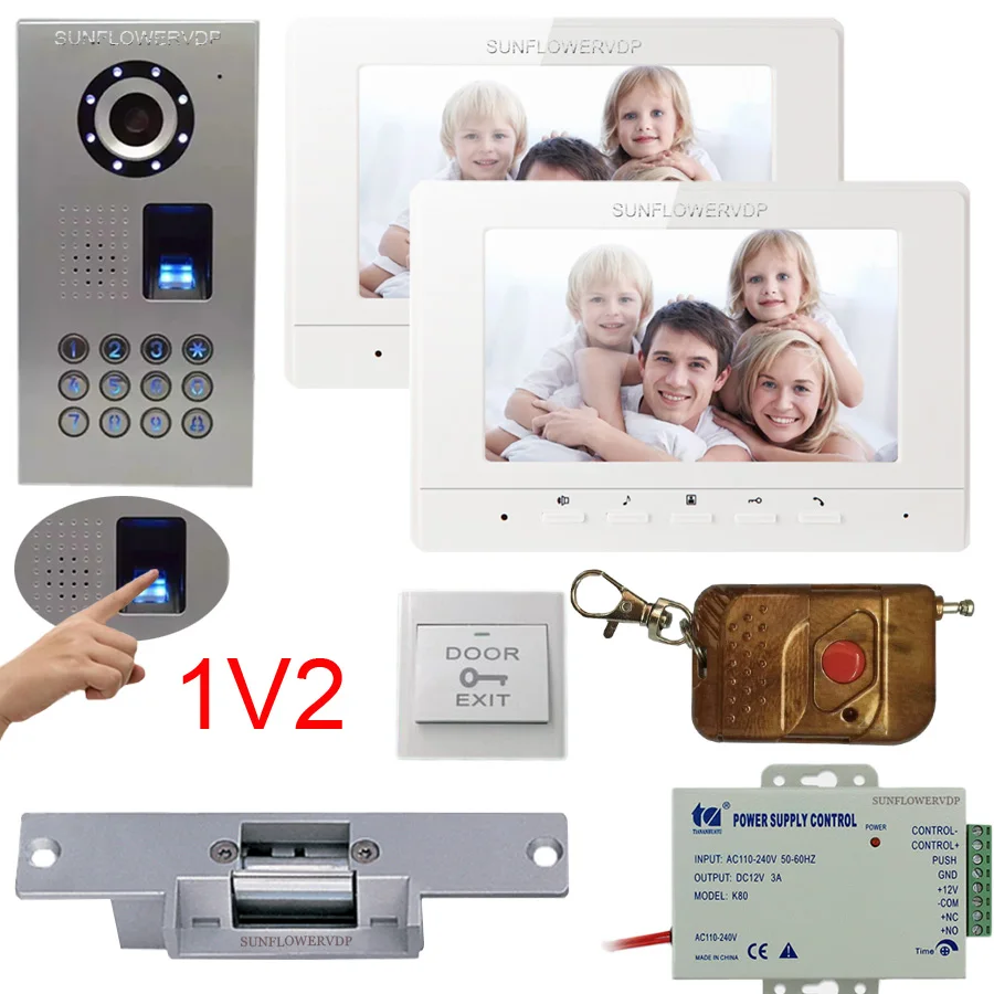 Fingerprint Code Intercoms For Apartments IP65 Camera With Wireless Remote Control Video Phone House + Electric Strike Door Lock