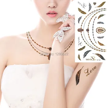 

2 sheets Feather Metallic Tattoo Temporary jewel Tattoo Silver Gold Flash Tatoo Body Art