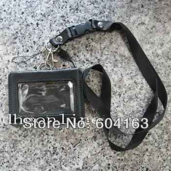 

10 Pcs Genuine Leather Horizontal Card Badge Holder + 10 Pcs lanyard for credit ID business reel student lariat Wholesale