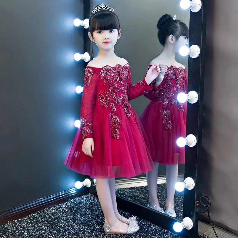 

Luxury Children Girls Sweet Shoulderless Flowers Princess Lace Party Dress Kids Babies Birthday Wedding Wine-red Color Dress