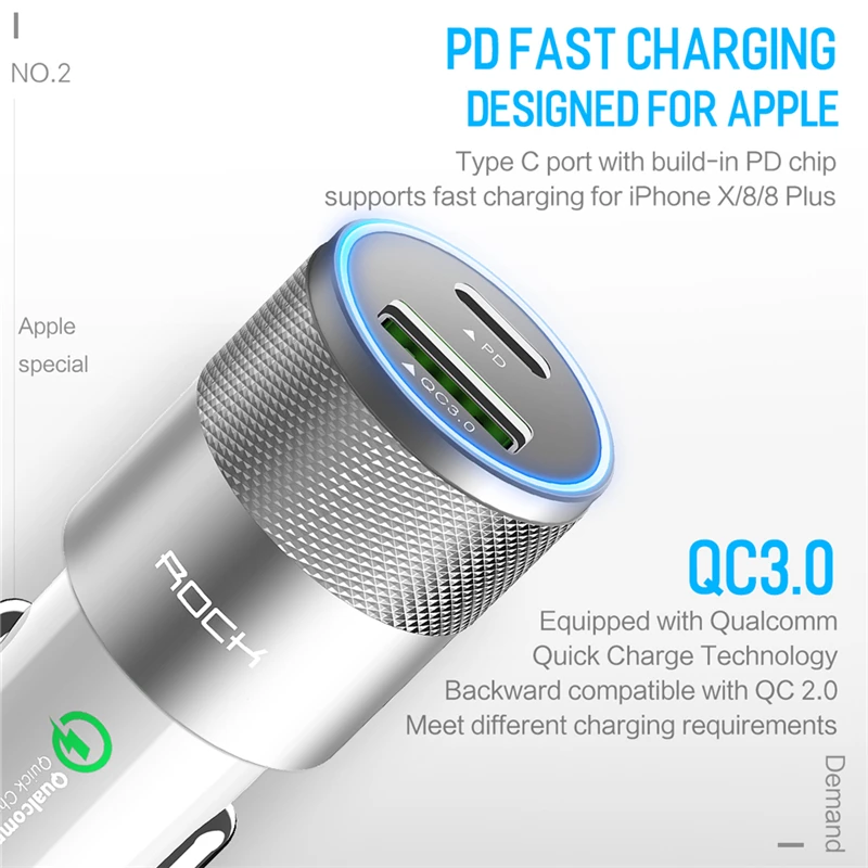PD QC 3.0 شاحن سيارة ، صخرة المزدوج USB سيارة-شاحن آيفون X 8 7 6 سامسونج Xiaomi نوع C PD سريعة تهمة 3.0 مؤشر LED