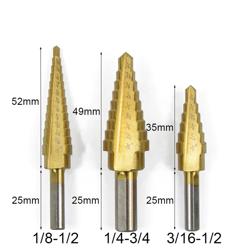 

3pcs 3/16-1/2 1/4-3/4 1/8-1/2 HSS Titanium Coated Step Drill Bit Core Drill Bit for Wood/Metal