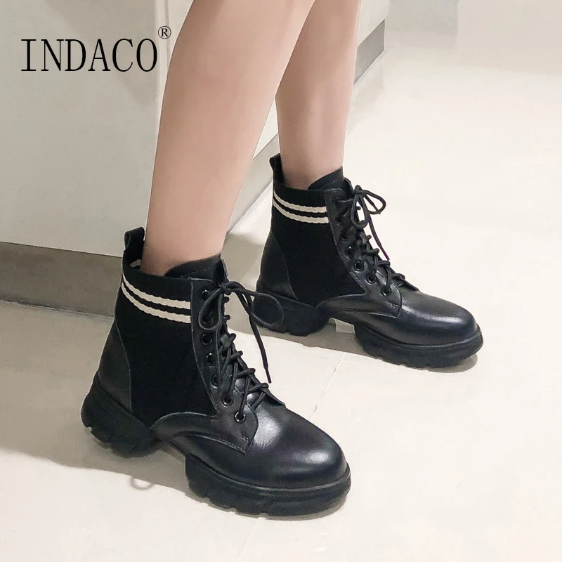 

Leather Knitting Boots Lace Up Platform Boots Black White Boots Women Shoes 5cm