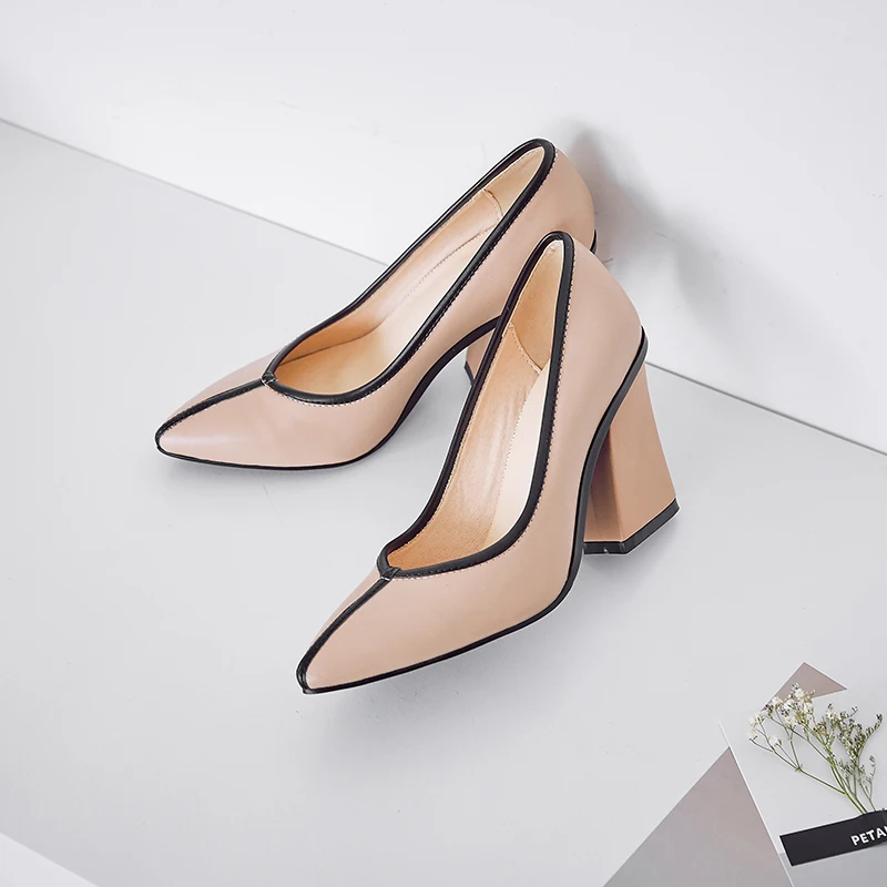 Красивая Женская офисная обувь из высококачественной натуральной кожи; женские вечерние туфли на квадратном каблуке; сезон весна-лето; женские туфли-лодочки - Цвет: Розовый