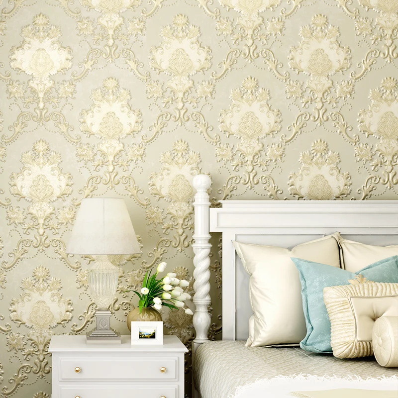 Self Adhesive European 3D Embossed Wallpaper Beige Bedroom Non Woven