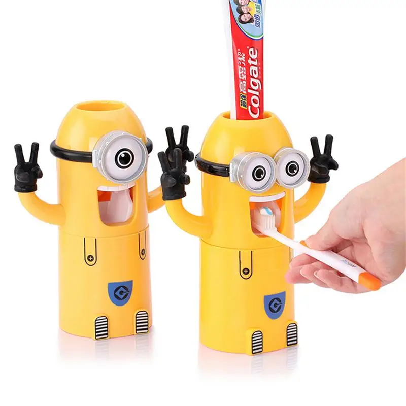Minion Toothpaste Dispenser Bathroom Accessories Automatic Toothpaste Dispenser Kid Plastic Bathroom Set Toothbrush Holder Cup