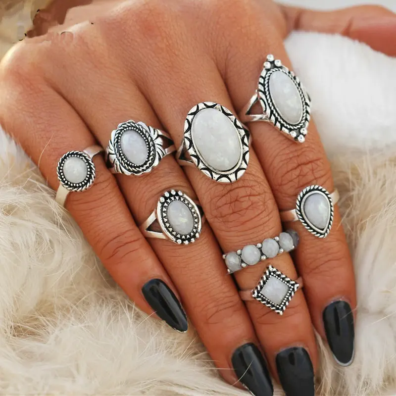 

TianBo New Design Vintage Opal Knuckle Rings Set For Women Boho Geometric Pattern Flower Rings Party Bohemian Jewelry 8 PCS/Set
