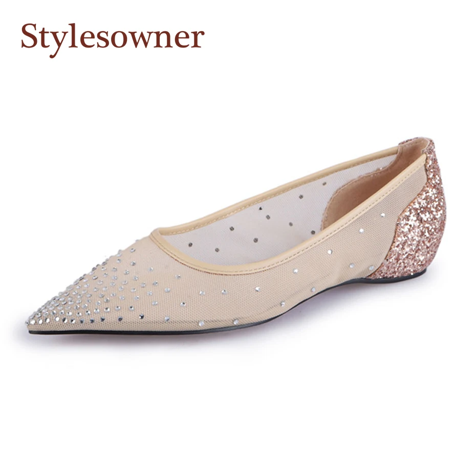 

Stylesowner Bling Pointed Toe Sexy Flat Women Shoe New Mesh Sequins Rhinestone Slip on Mulers Gold Silver Black Wedding Shoe