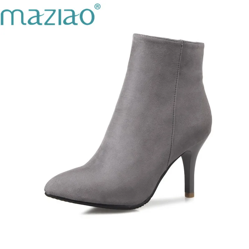 

MAZIAO Size 32-46 Pointed Toe Ankle Boots Women Shoes Autumn Winter Thin High Ppointed Toe Heels Black Blue Red Gary Shoes Woman