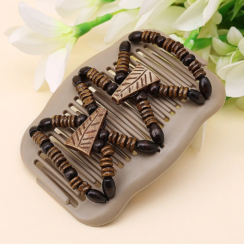 

Women Girl Easy Magic Wood Beads Double Hair Comb Clip Stretchy Hair Accessories