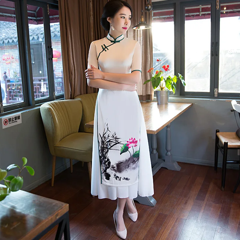 Китайское стильное длинное женское элегантное традиционное китайское платье Ципао в старинном китайском стиле свадебное платье 89