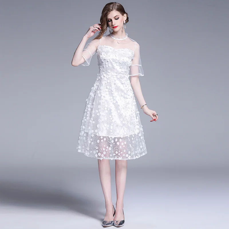 New Cute Women dress Embroidery Mesh Three-dimensional Flower Fairy Tenderness Dresses White 7387 | Женская одежда