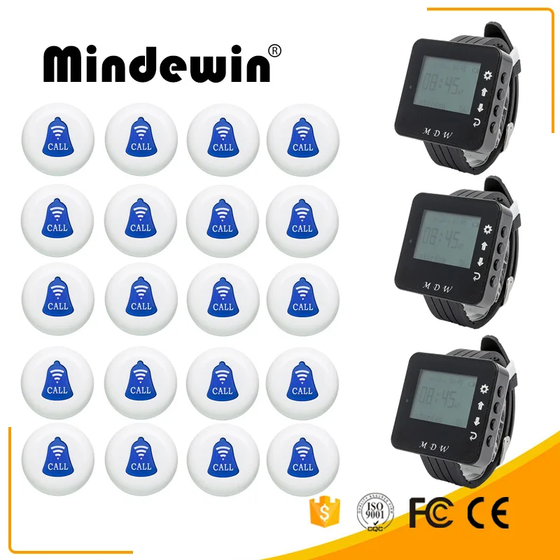 Mindewin передатчик вызова ButtonM-K-1 и часы M-W-1 Приемник Ресторан пейджер Беспроводная система вызова питание оборудование - Цвет: White Blue