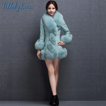 

LDHTZKCX Solid Color Large Size Long-sleeved Fox Fur Coat Women 2018 New Long Thick Warmth Slim Sweet Zipper Chic Fur Coat CX343