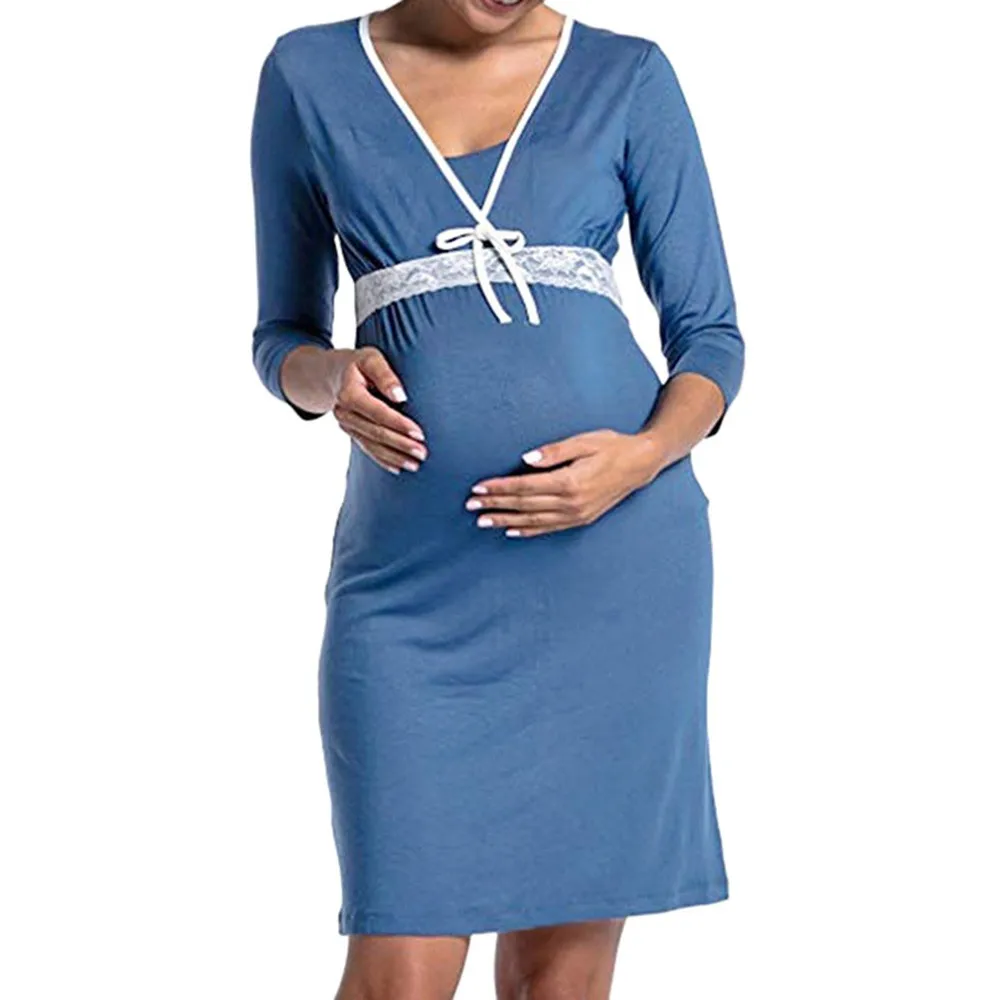 Женская пижама для беременных с длинным рукавом и сбором талии; платье для беременных; Одежда для беременных; платья для фотосессии; vestidos embarazada - Цвет: Light blue