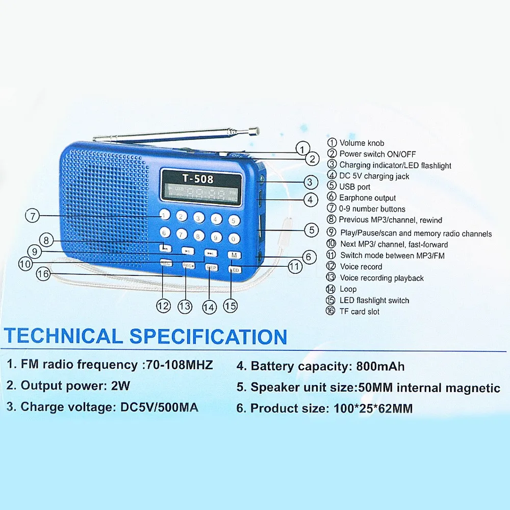 Портативный внутренний Магнитный светодиодный стерео FM радиоприемник T508 с