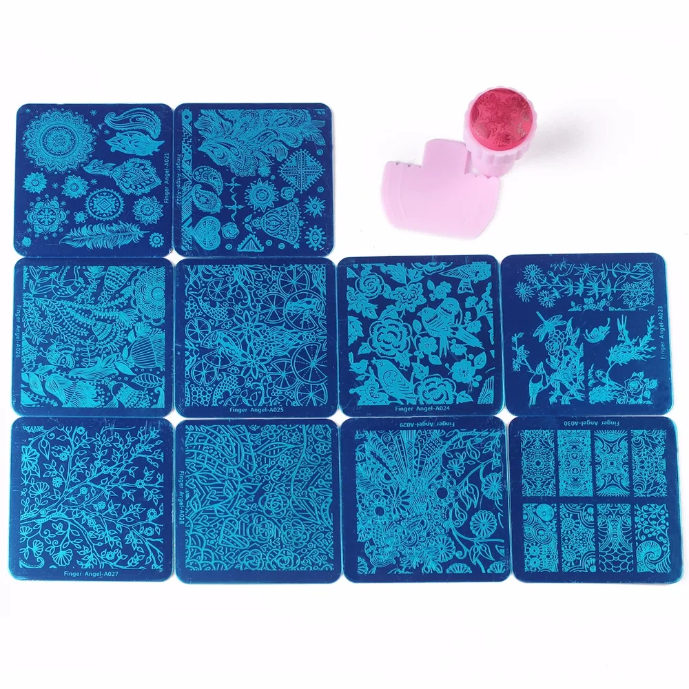 

Finger Angel 10PCS Stamping Plates Stamp Image Platet DIY Nail Template + 1 Set Mini Nail Stamper Transfer Nail Art Tools#HQ034