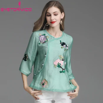 

Chinese Style Cheongsam Top Flower Embroidery Short Jacket Women Retro Chinese Traditional Top Tang Suit 3/4 Sleeve Qipao Tops