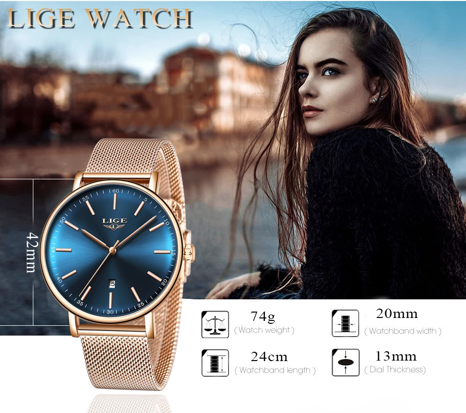 Women's Watch LIGE Top Brand Luxury Women Fashion Casual All Steel Ultra-Thin Mesh Belt Quartz Clock Relogio Feminino+Box