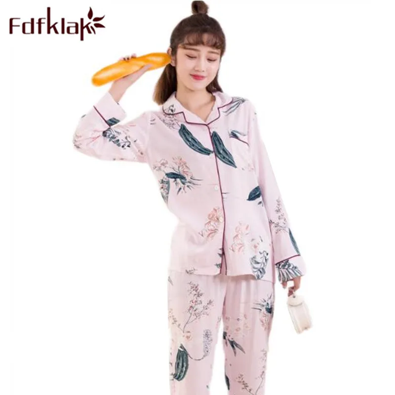 Fdfklak пижамы Наборы для ухода за кожей Демисезонный с длинными рукавами и принтом хлопковые пижамы Для женщин Пижама комплект домашней