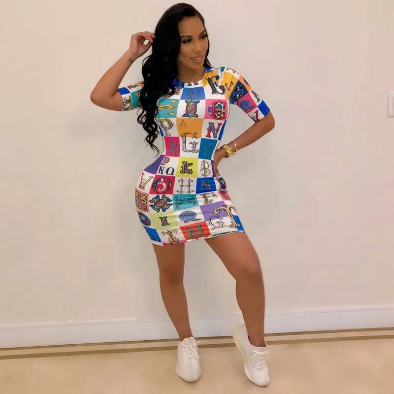 

Print Short Sleeve O-Neck Shirt Women Casual bodycom dress sexy sheath mini summer dresses Women