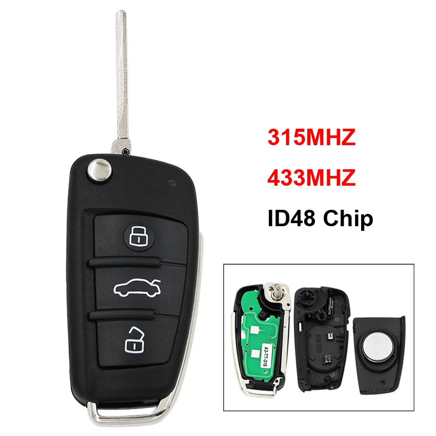 

3 Button Folding Flip Remote Key Smart Car Key Keyless Entry Fob 315MHz or 433Mhz ID48 Chip HU66 Uncut Blade for Audi A3 TT 220G