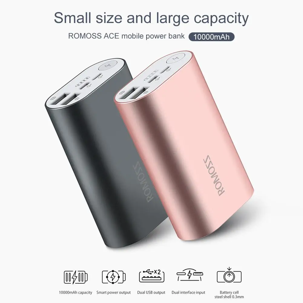 10000mAh ROMOSS Mobile Power Bank Portable Charger ACE10 External Battery Pack Aluminum Mobile Powerbank For iPhone X Huawei