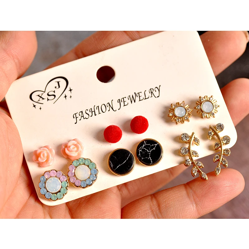 

2019 new fashion gorgeous women's jewelry girl birthday party ear studs mixed with 6 pairs /set luxury earrings Free shipping