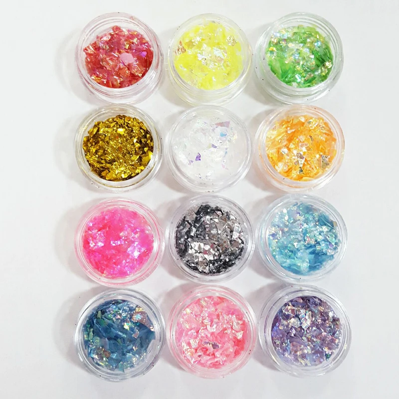 Shellhard 12Colors/Set Iced Mylar Nail Art Flakes Professional DIY Nail Tips Glitter Decals for Nail Art Decoration