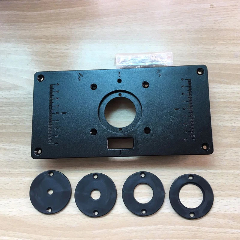 

New 62x70mm Multifunctional Aluminum Router Table Plate w/ 4 Router Insert Rings Screws for Wood Working Benches
