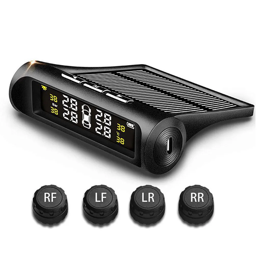 

Rechargeable Solar Car TPMS Pressure Control System HD LCD Digital Alarm Tool Wireless 4 External Sensor