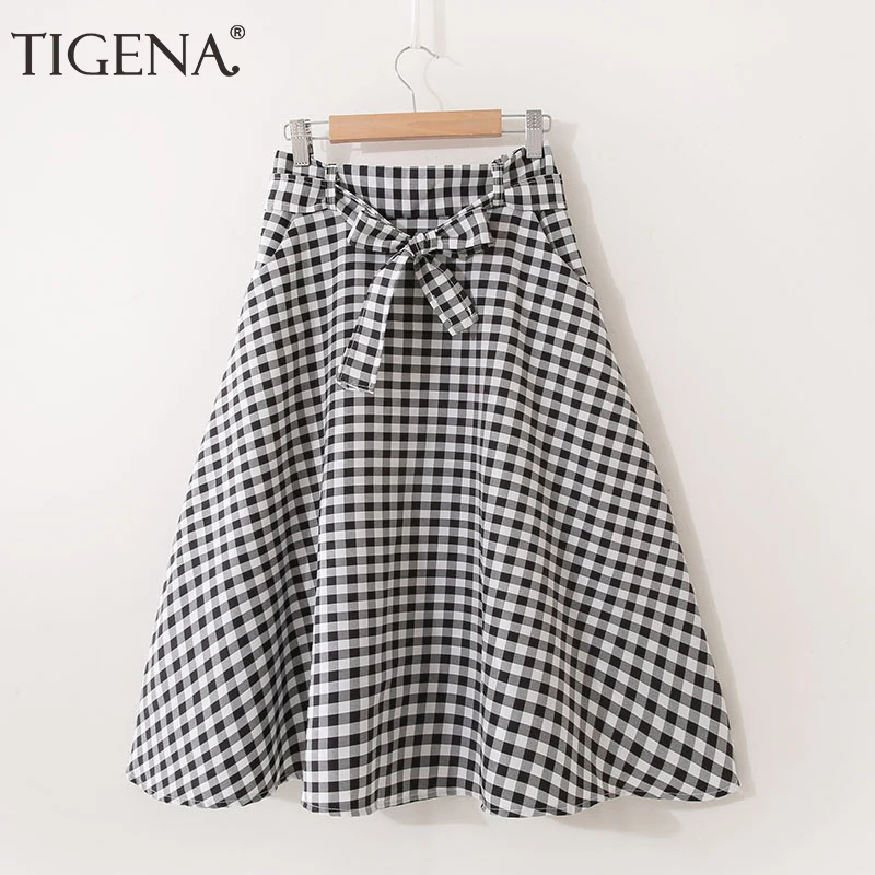 

TIGENA School Cute Plaid Midi Skirt Women 2019 Summer Elastic High Waist A Line Chiffon Skirt Female Bow Belt Checked Skirt Sun