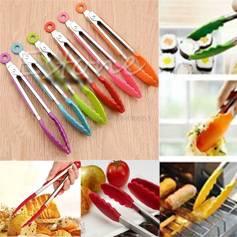 

Kitchen Tool Set Silicone Kitchen Cooking Salad Serving BBQ Tongs Stainless Steel Handle Utensil random color