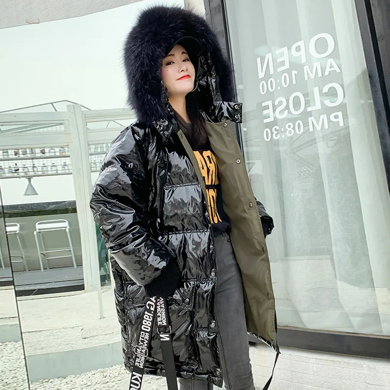 Fashion Bright Down Jacket Big Fur Collar Thicken Long Winter Warm Parka Coat Down Jacket Female Snow Winter Clothes